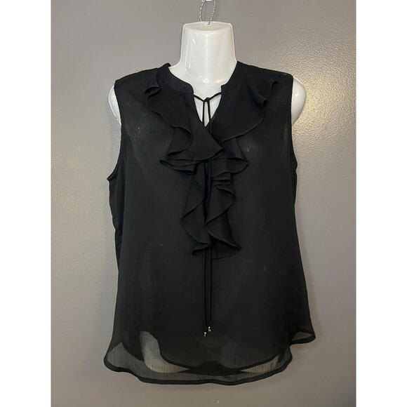 Tommy Hilfiger Blouse Womens Small Black Sheer Ruffle Sleeveless Top Chiffon - Picture 1 of 7
